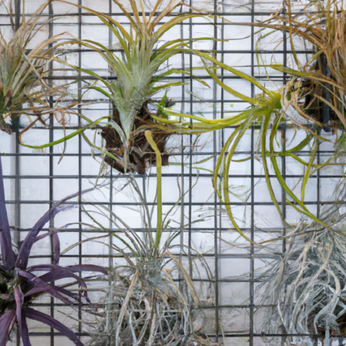 several tillandsia ionantha on a metal mesh stand