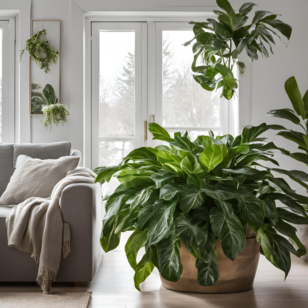 A plant next to a couch while it is snowing outside