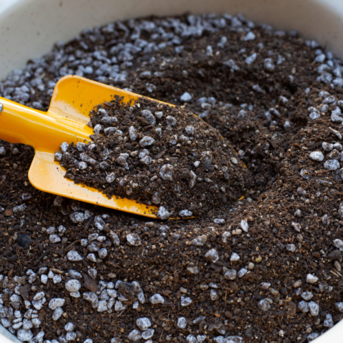 small shovel digging up well-draining houseplant soil mix